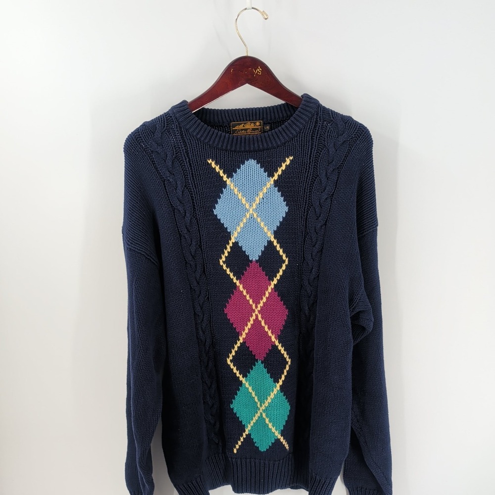 Vintage 90's Eddie Bauer Argyle Cable Knit Pullover Sweater Navy Blue Size L